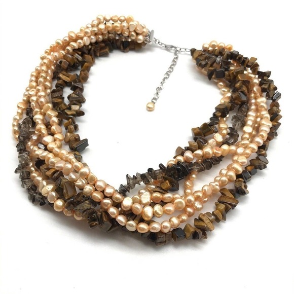 925 Sterling Silver Vintage Multi-Strand Gemstone Pearl Tiger's Eye Necklace - Picture 3 of 10